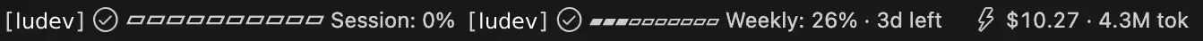 Ludev Code Toolkit status bar showing session and weekly usage