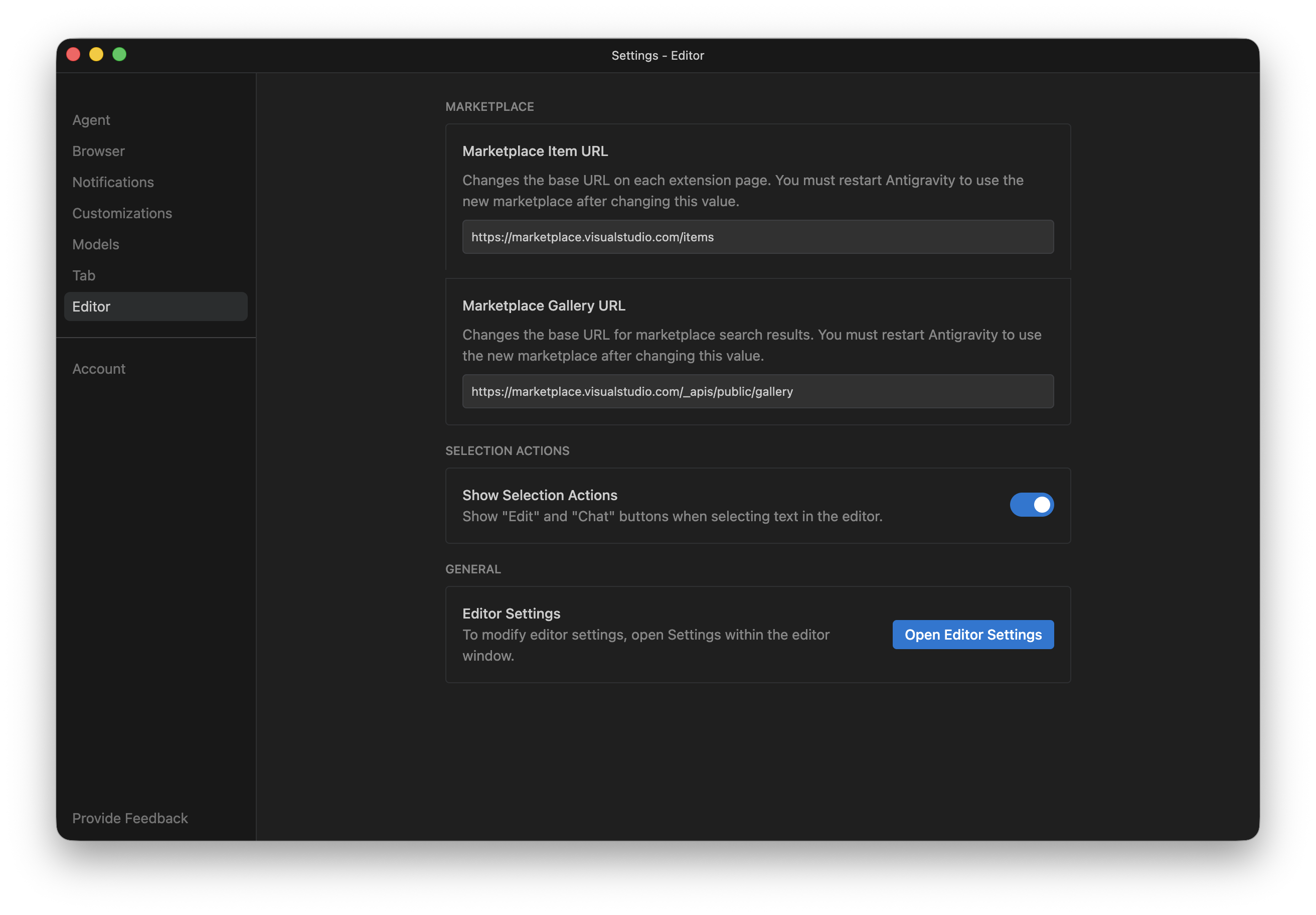 Antigravity Settings – Editor panel showing Marketplace Item URL and Marketplace Gallery URL fields