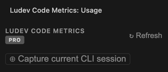 Ludev Code Metrics panel showing the Capture current CLI session button